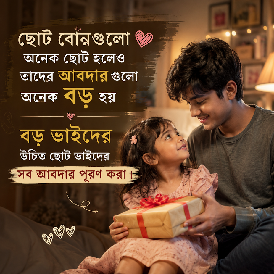  ছোট বোনগুলো অনেক ছোট হলেও তাদের আবদার গুলো অনেক বড় হয় বড় ভাইদের উচিত ছোট ভাইদের সব আবদার পূরণ করা 